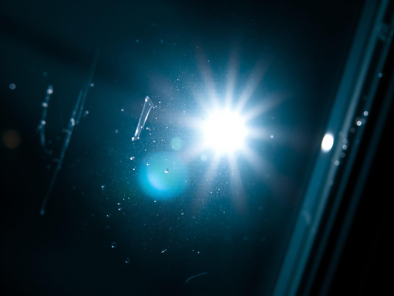 Sunlight refracting through a freshly cleaned pane of glass with water beading off the surface